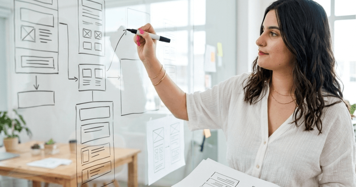 Mujer dibujando esquemas en una pizarra, con hojas con diseños de páginas en sus manos, ilustrando el proceso de creación de una landing page con inteligencia artificial.