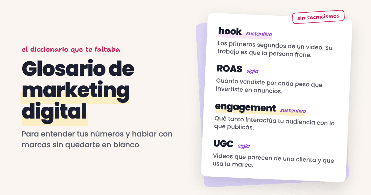 Hoja de diccionario con las definiciones de hook, ROAS, engagement y UGC junto al título Glosario de marketing digital